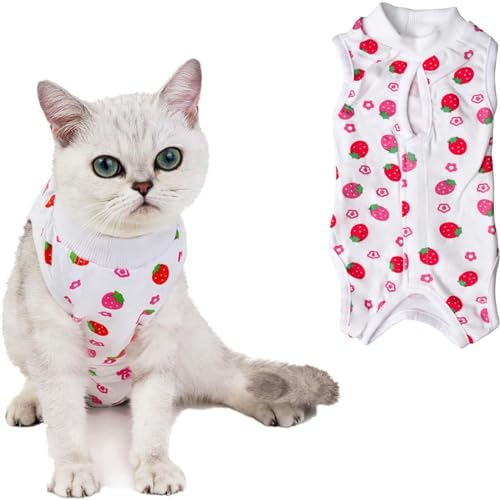 URROMA 1 Piece Cat Strawberry Recovery Suit, E-Collar Alternative for Cats Dogs After Surgery Wear Pajama Suit Home Cat Wound Surgery Recovery Suit, S