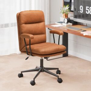 DICTAC Brown Leather Office Chair,Mid Century Home Desk Chair with Padded Mid-Back Support Removable Armrests Height Adjustable