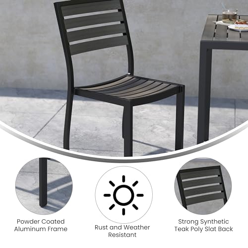 Flash Furniture Lark Outdoor Stackable Side Chair with Gray Wash Faux Teak Poly Slats, Set of 2