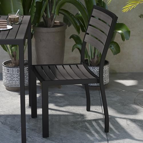 Flash Furniture Lark Outdoor Stackable Side Chair with Gray Wash Faux Teak Poly Slats, Set of 2