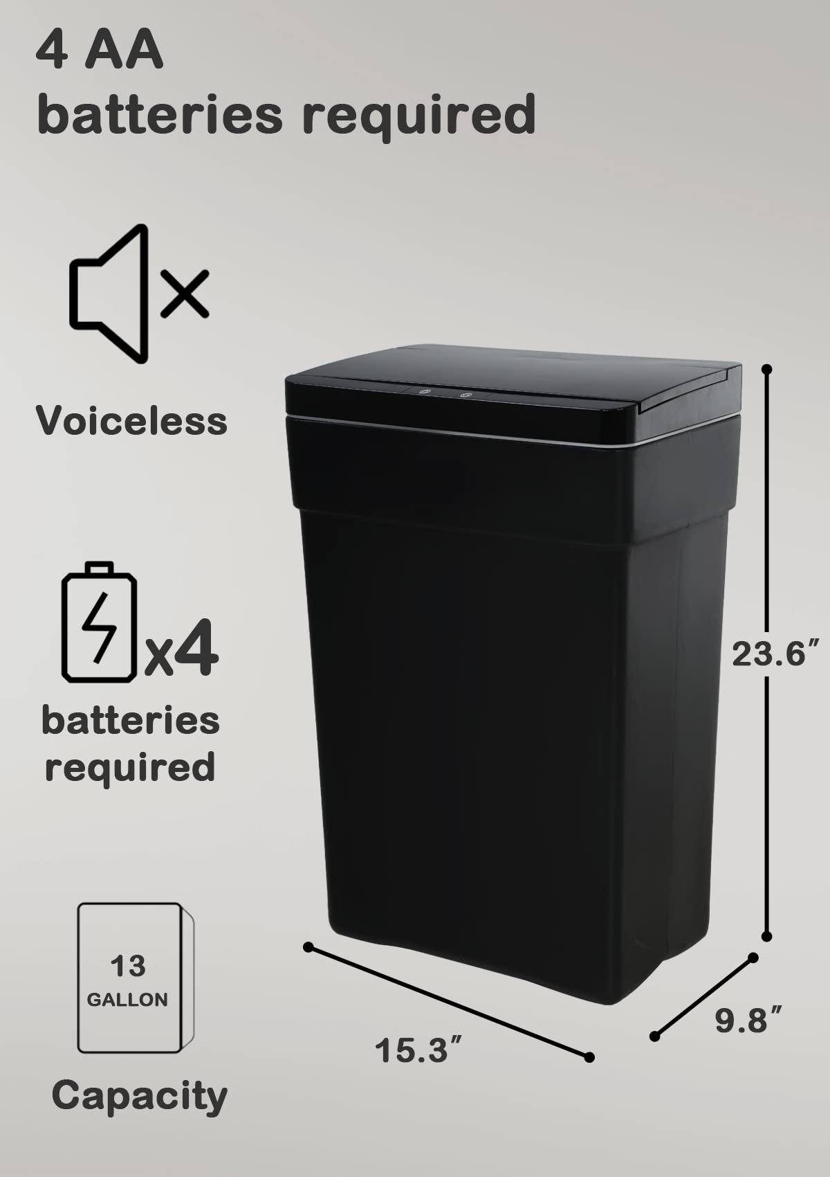 13 Gallon Trash Can, Touchless Automatic Garbage Can with Lid,50 Liter Rectangular High-Capacity Infrared Motion Sensor Trash Can for Kitchen Bathroom Bedroom Home Office, Kitchen Trash Can