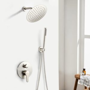 POP SANITARYWARE Shower System Brushed Nickel Bathroom Rainfall Shower Faucet Set Complete Wall Mounted 8 Inch Shower Head and Handle Set with Rough-in Valve Body and Trim Kit