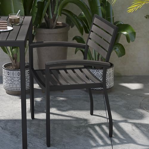 Flash Furniture Lark Set of 2 Stackable Aluminum Patio Chairs - All-Weather Black Framed Side Chairs with Gray Wash Faux Teak Slats - Commercial Grade