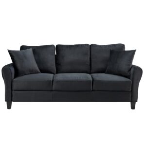 VITOVMA 3-Seater Sofa Couch for Living Room, Modern Comfy Sofa with Thick Spring-Bag Seats and Removable Back Cushions, Rounded Arm (Black)