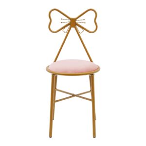 Modern Stylish Pink Bow Shaped Backrest Princess Chair Girls Ladies Creative Makeup Stool with Golden Frame for Indoor Decor Bedroom Coffee Shop