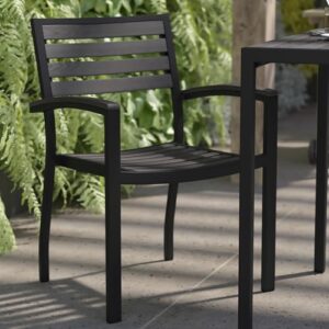 Flash Furniture Lark Set of 2 Stackable Aluminum Patio Chairs - All-Weather Black Framed Side Chairs with Gray Wash Faux Teak Slats - Commercial Grade