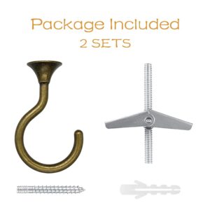 2 Sets Ceiling Hook Large Swag Heavy Duty Swag Hook with Hardware for Hanging Plants Ceiling Easy Installation Cavity Wall Dry Wall Indoor & Outdoor (2 Sets Antique Brass)