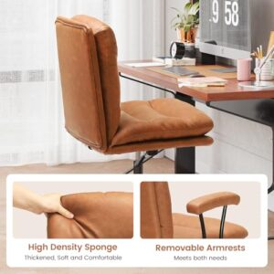 DICTAC Brown Leather Office Chair,Mid Century Home Desk Chair with Padded Mid-Back Support Removable Armrests Height Adjustable