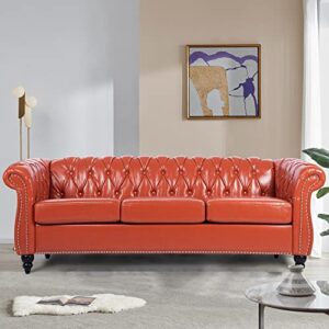 qhitty accent large sofa, chesterfield couch 3 seater modern leather couch upholstered sofa with tufted back for living room furniture (orange)