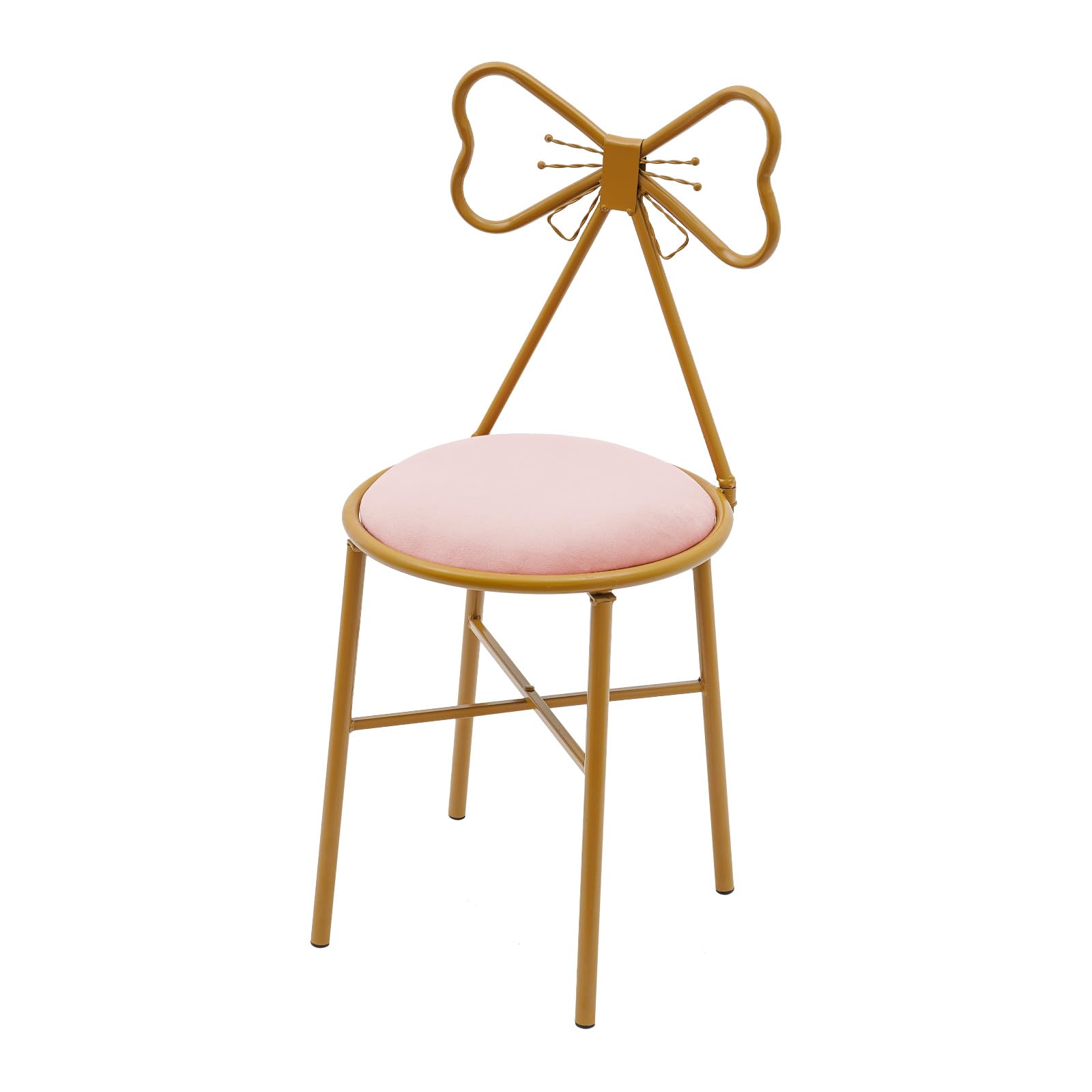 Modern Stylish Pink Bow Shaped Backrest Princess Chair Girls Ladies Creative Makeup Stool with Golden Frame for Indoor Decor Bedroom Coffee Shop