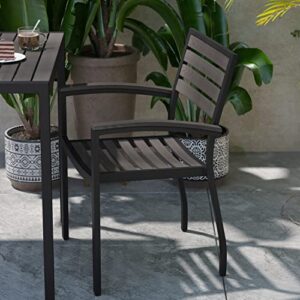 Flash Furniture Lark Set of 2 Stackable Aluminum Patio Chairs - All-Weather Black Framed Side Chairs with Gray Wash Faux Teak Slats - Commercial Grade