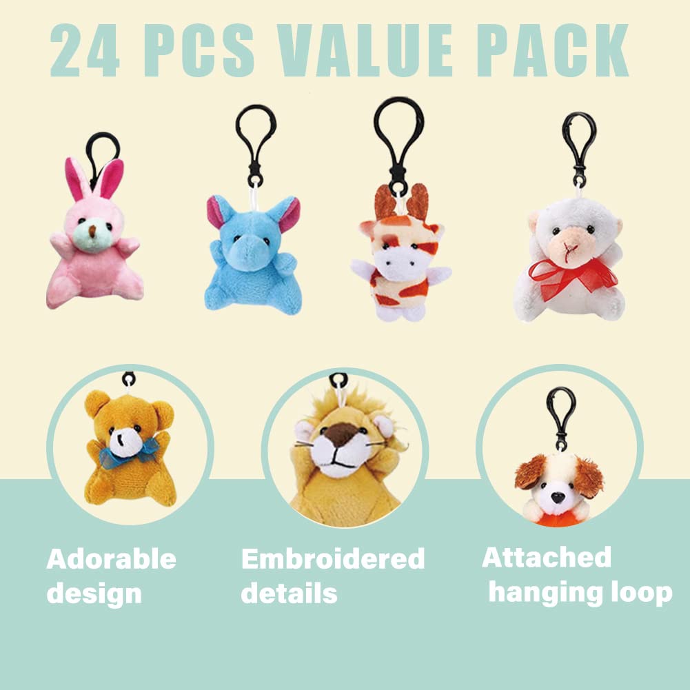 DINESIL 24 Pack Mini Plush Animals Toys, Small Stuffed Animal Plush Keychain Set for Goodie Bag Fillers, Easter Basket Stuffers, Easter Party Favors, Classroom Prizes