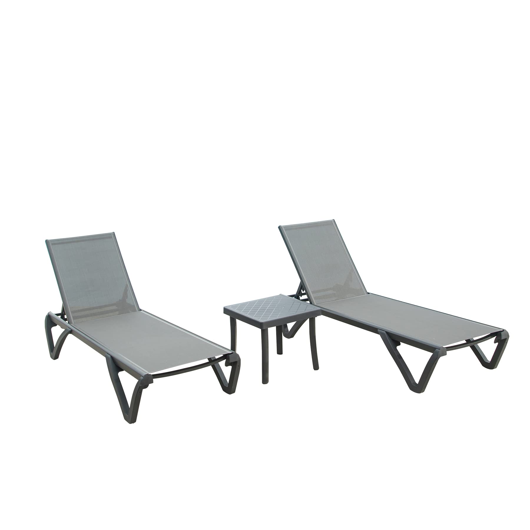 Domi Pool Lounge Chairs,Aluminum Chaise Lounge with Side Table,5 Position Adjustable Backrest and Wheels,All Weather Outdoor Lounge Chairs (2 Grey Lounges W/Side Table)