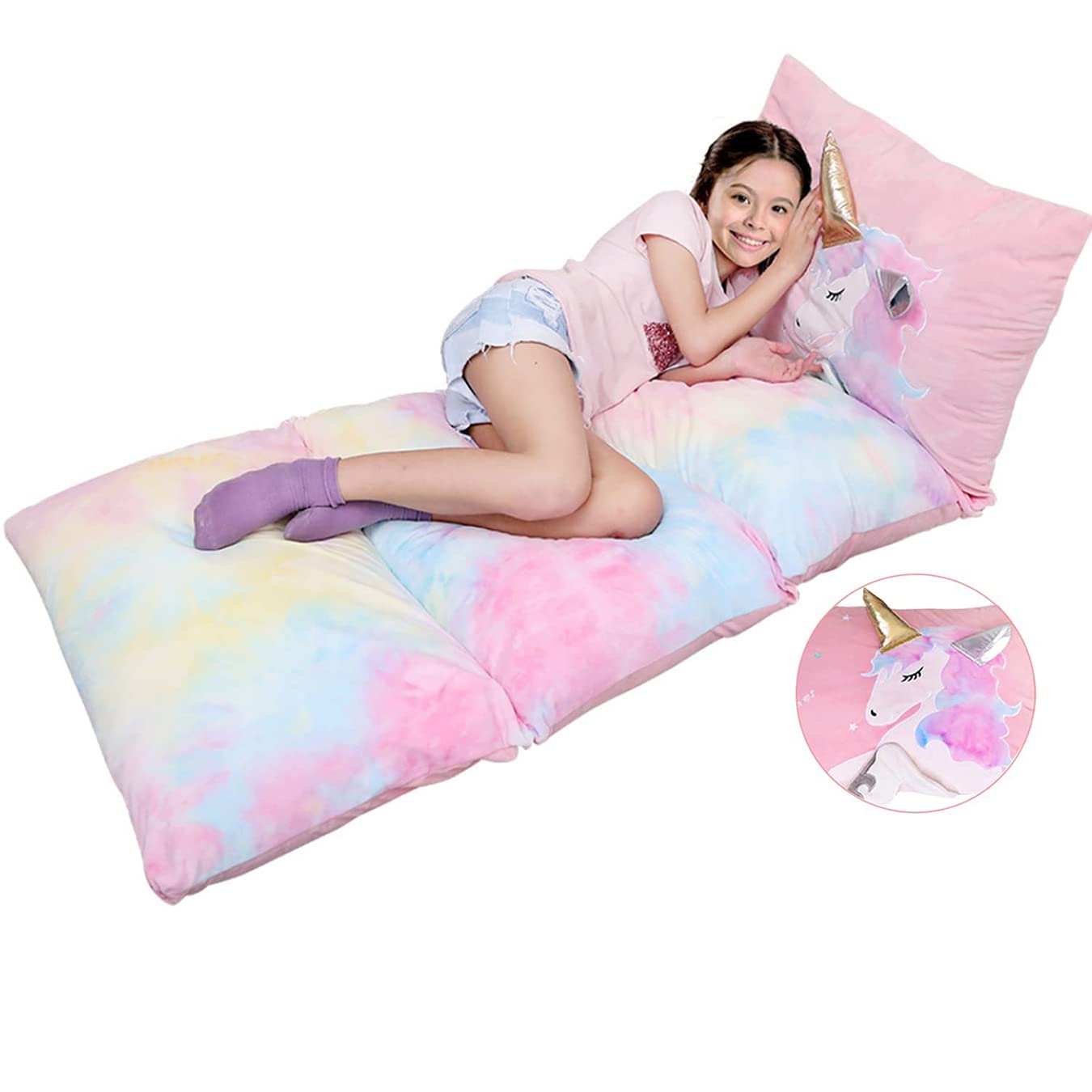 Yoweenton Unicorn Pillow Bed Floor Lounger for Kids Room Decor, Playroom Furniture, Velvet Extra Soft Queen Size Cover ONLY