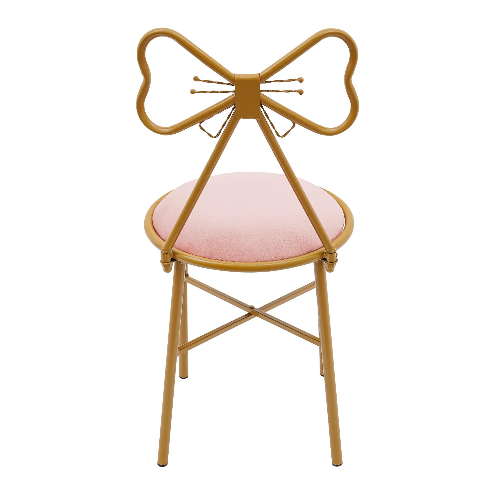 Modern Stylish Pink Bow Shaped Backrest Princess Chair Girls Ladies Creative Makeup Stool with Golden Frame for Indoor Decor Bedroom Coffee Shop