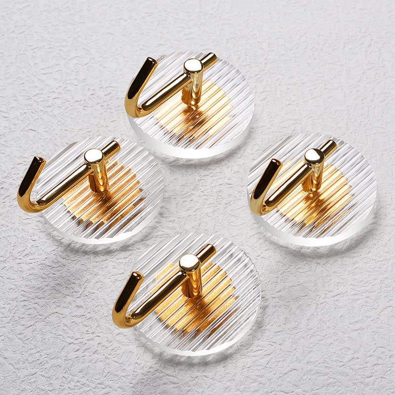 COCOYA 4Pack Adhesive Towel Hooks, Easy Install Acrylic Stainless Steel Heavy Duty Waterproof Rustproof Modern Decorative Cute Bathroom Bedroom Gold Wall Hooks for Hanging Include Strong Adhesive