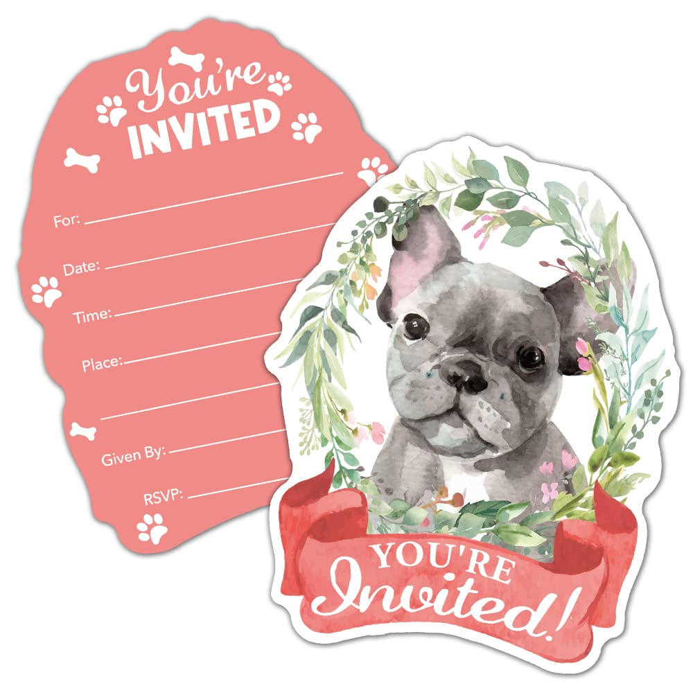 RZHV 15 Pack French Bulldog & Floral Shaped Fill-In Invitations Cards With Envelopes for Boys Girls Adults Dog Lover, Funny Baby Shower Birthday Bridal Shower, Wedding Party Invite