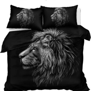 Sleepwish 3D Lion Bedding King Set Vintage Lion Duvet Cover Set Black Grey 3 Piece Trendy Wild Animal Bed Comforter Cover for Adults Men, King