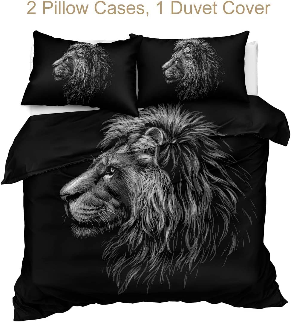 Sleepwish 3D Lion Bedding King Set Vintage Lion Duvet Cover Set Black Grey 3 Piece Trendy Wild Animal Bed Comforter Cover for Adults Men, King