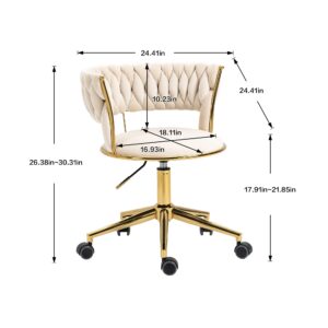 NIOIIKIT Velvet Office Desk Chair with Hand Woven Backrest, 360° Swivel & Height Adjustable Task Chairs, Makeup Chair, Living Room Chairs with Stainless Base and 5 Wheels (Ivory)