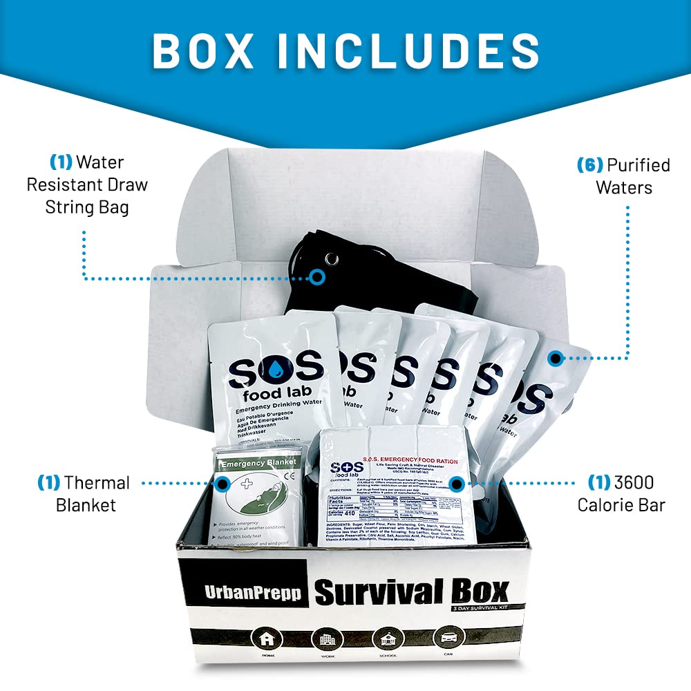 UrbanPrepp 72 Hour Survival Box - 1 Person Emergency Food, Water, Thermal Blanket, Emergency Rations for Floods, Blackout, Earthquake, Car, Work, School (UrbanPrepp Essential 72 Hour Survival Box)