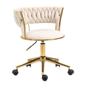 nioiikit velvet office desk chair with hand woven backrest, 360° swivel & height adjustable task chairs, makeup chair, living room chairs with stainless base and 5 wheels (ivory)