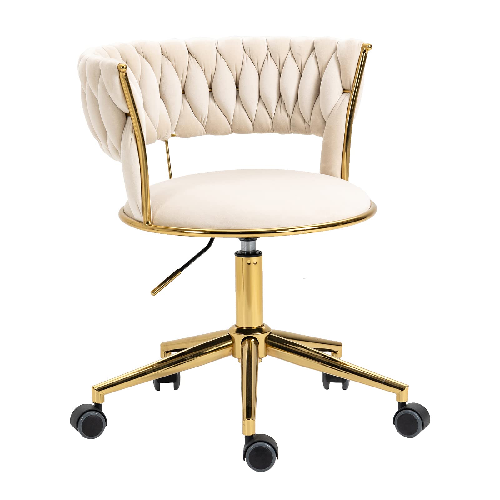 NIOIIKIT Velvet Office Desk Chair with Hand Woven Backrest, 360° Swivel & Height Adjustable Task Chairs, Makeup Chair, Living Room Chairs with Stainless Base and 5 Wheels (Ivory)