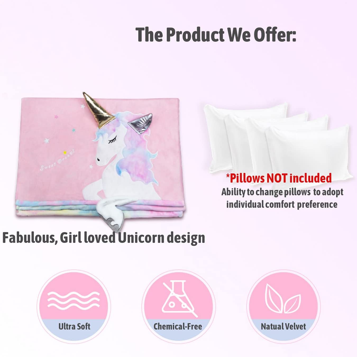 Yoweenton Unicorn Pillow Bed Floor Lounger for Kids Room Decor, Playroom Furniture, Velvet Extra Soft Queen Size Cover ONLY