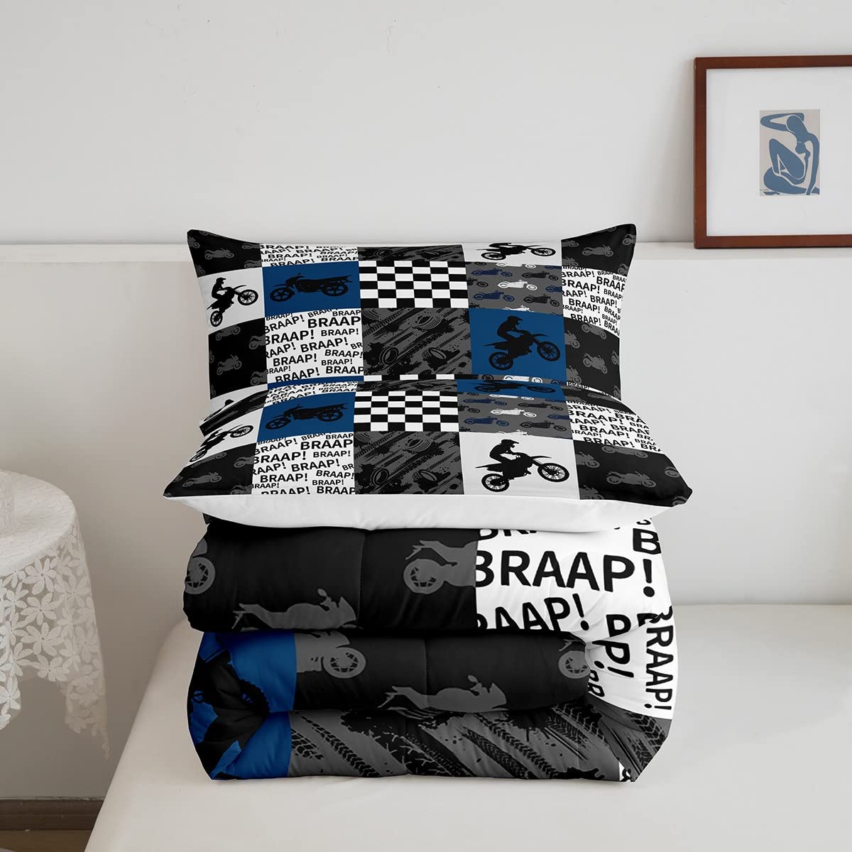 Castle Fairy,Dirt Bike Comforter Set Twin Size Black Grey Blue Motocross Rider Bedding Set Kids Boys Teens Men Racing Themed Patchwork Grid Quilt Set Fashion Motorcycle Silhouette Duvet Insert 2pcs