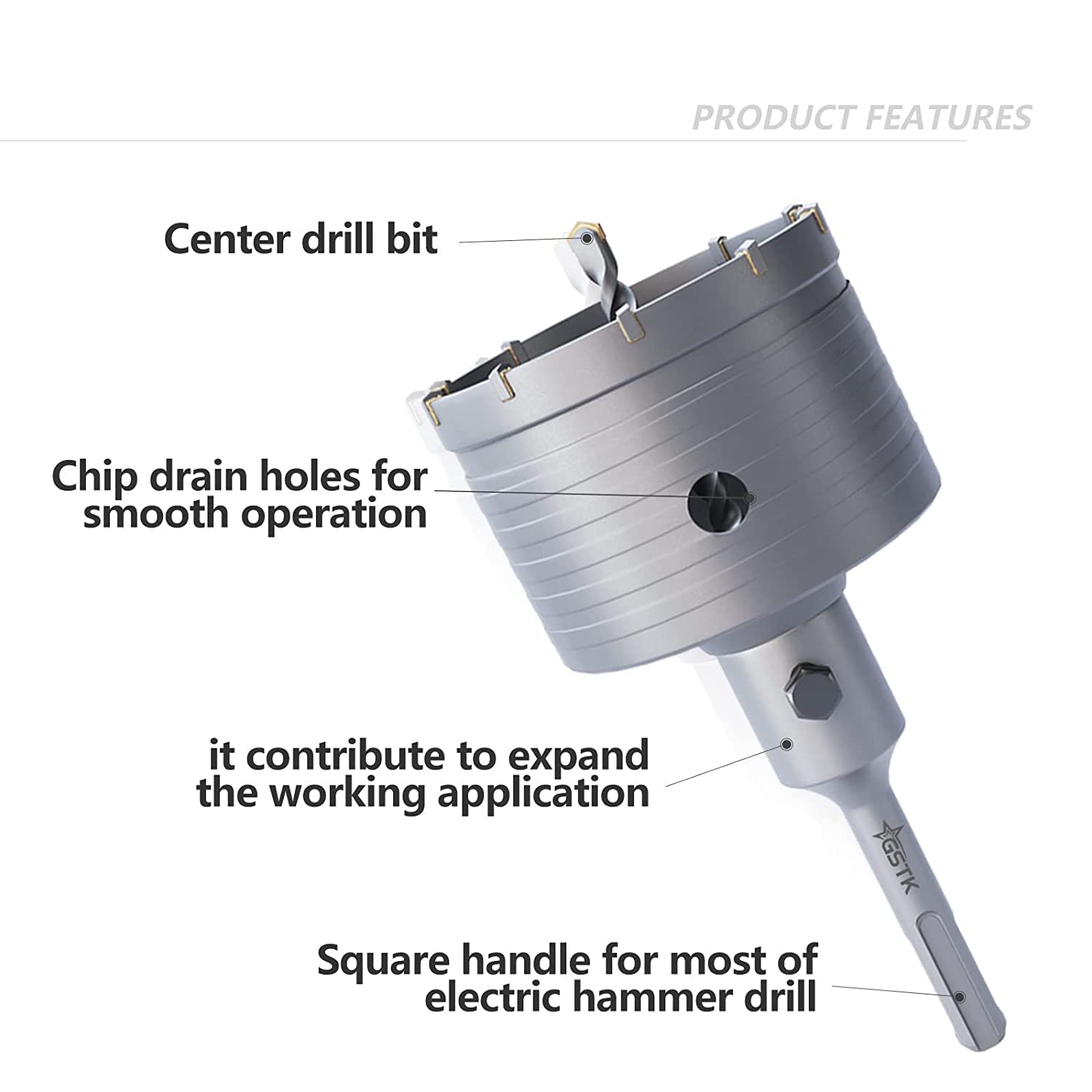 GSTK 15pcs Concrete Hole Saw Set (30 40 50 65 80 100mm) with SDS Plus Shank Connecting Rod 110mm and 5pcs Dust Catchers, Concrete Hole Saw Kit for Concrete|Cement|Brick|Stone|Wall.