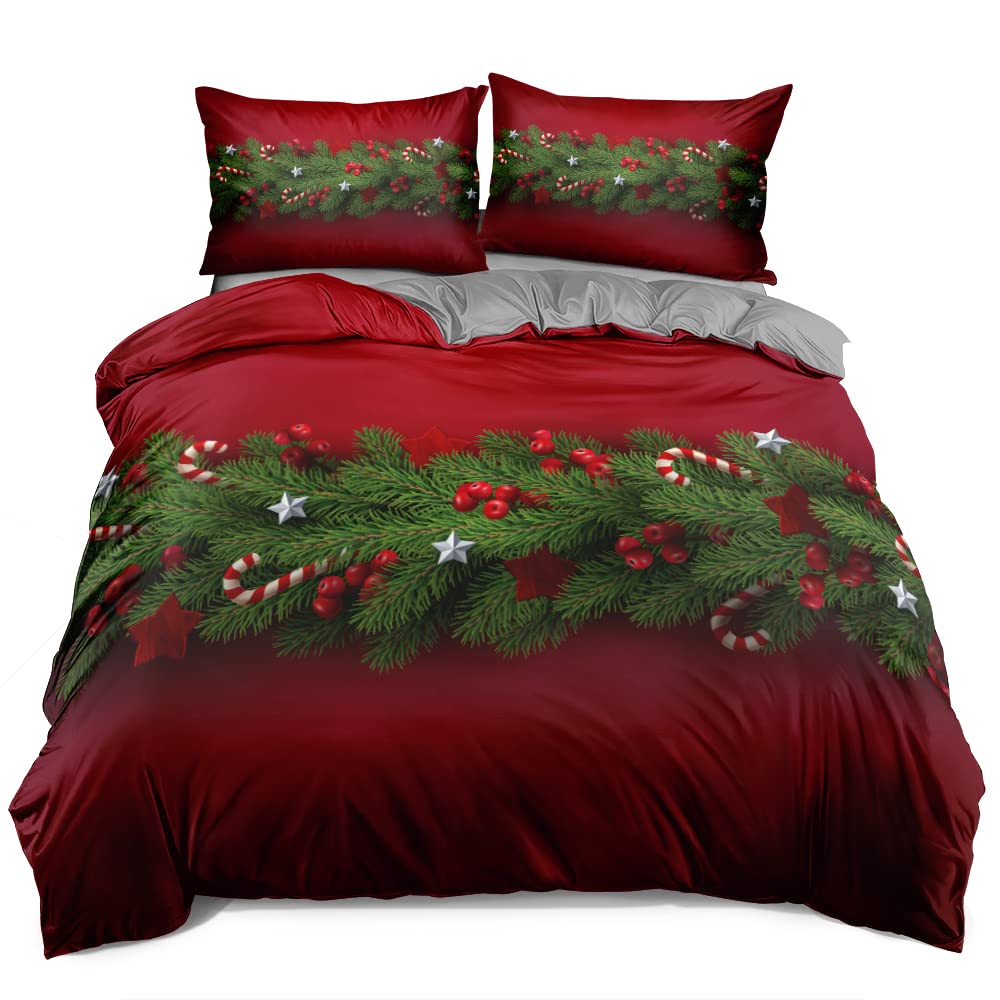 Holiyjog Red Christmas Duvet Cover Set King Size Green Tree Decr Comforter Covers and Pillow Shams Xmas Bed Linen Bedding Sets Twin Size Festive Bedroom Decor 3 Pieces Gray