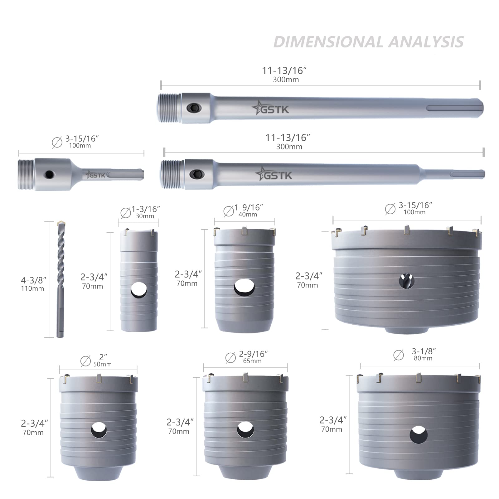 GSTK 15pcs Concrete Hole Saw Set (30 40 50 65 80 100mm) with SDS Plus Shank Connecting Rod 110mm and 5pcs Dust Catchers, Concrete Hole Saw Kit for Concrete|Cement|Brick|Stone|Wall.