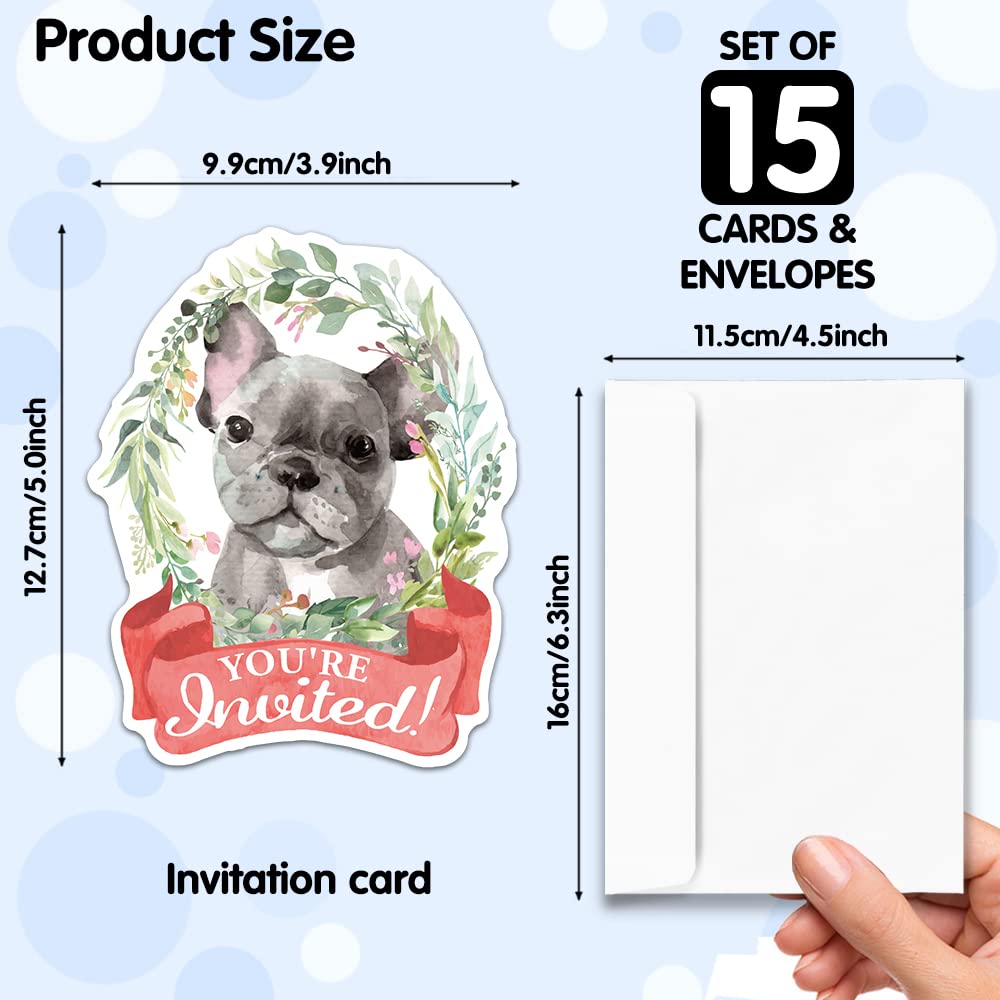 RZHV 15 Pack French Bulldog & Floral Shaped Fill-In Invitations Cards With Envelopes for Boys Girls Adults Dog Lover, Funny Baby Shower Birthday Bridal Shower, Wedding Party Invite