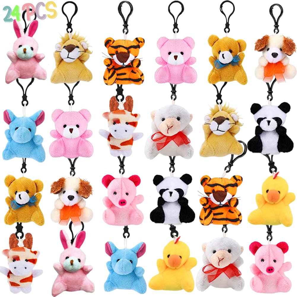 DINESIL 24 Pack Mini Plush Animals Toys, Small Stuffed Animal Plush Keychain Set for Goodie Bag Fillers, Easter Basket Stuffers, Easter Party Favors, Classroom Prizes