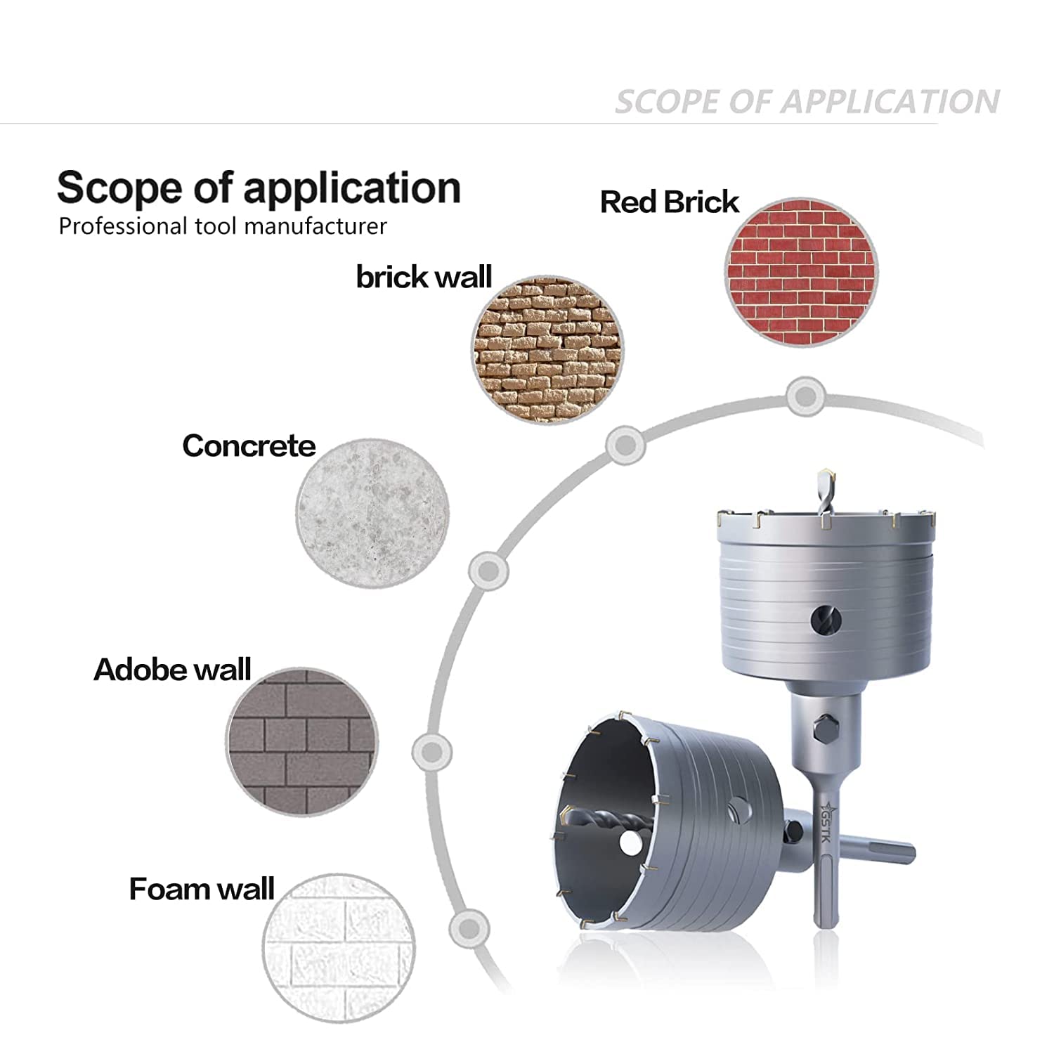 GSTK 15pcs Concrete Hole Saw Set (30 40 50 65 80 100mm) with SDS Plus Shank Connecting Rod 110mm and 5pcs Dust Catchers, Concrete Hole Saw Kit for Concrete|Cement|Brick|Stone|Wall.