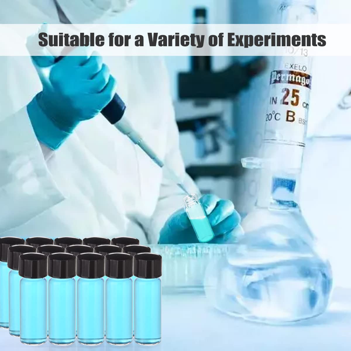 ESHATO 100 Pieces Glass Sample Vial, Liquid Sampling Small Glass Bottle with Black Plastic Screw Caps,Leakproof,Light Weight and Corrosion Resistance(2ML,Clear)