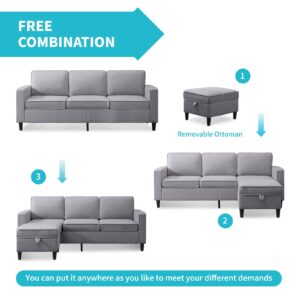 CECER 78" Convertible Sectional Sofa, L-Shaped Couch with Storage Ottoman, Modern Linen Fabric 3-seat Couche with Movable Ottoman, Chasie Lounge for Apartment/Living Room (Light Grey)