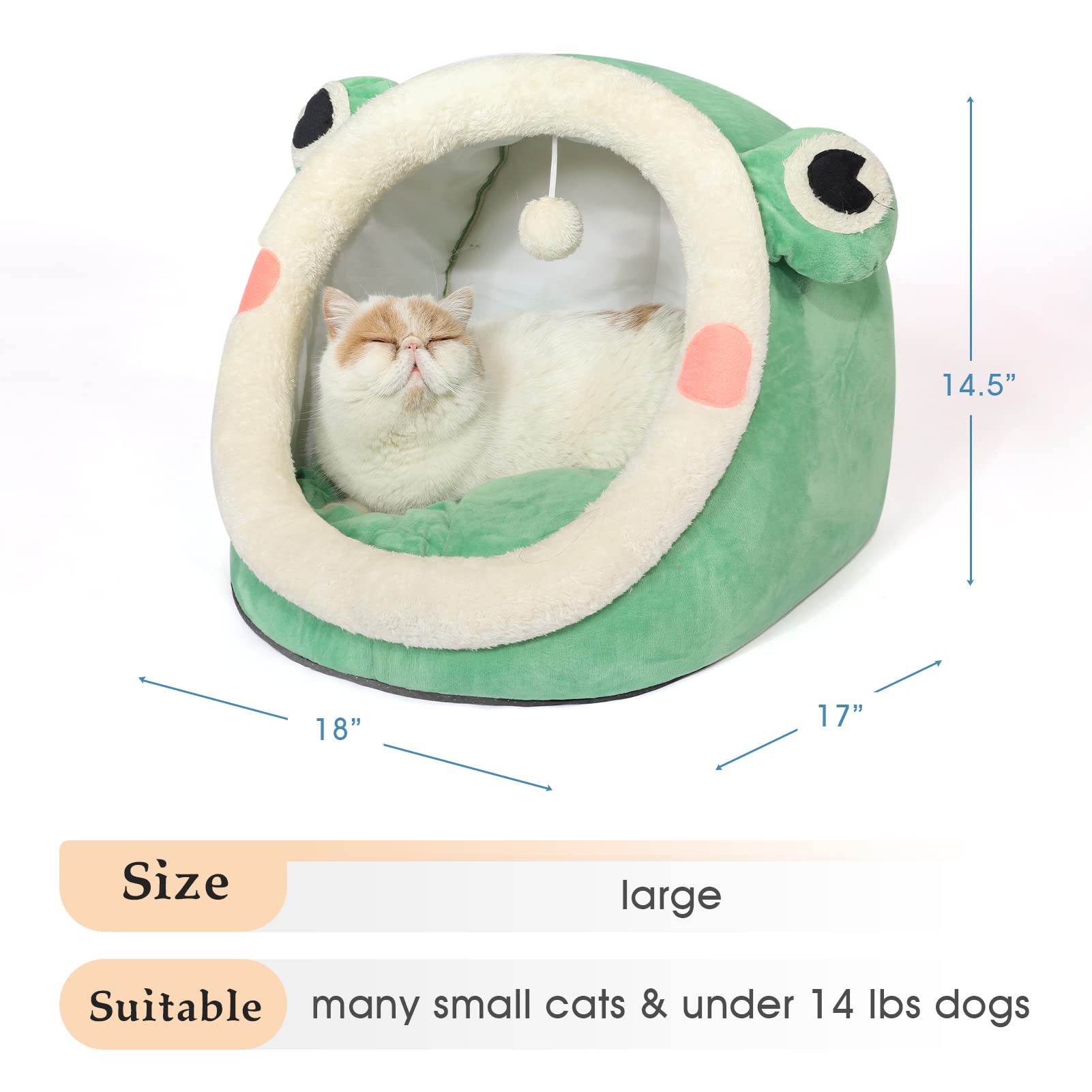 Jiupety Cute Cat Bed, Indoor Lovely Crystal Velvet Igloo for Cat and Small Dog, Warm Cave Sleeping Nest Bed for Puppy and Kitten, Green Frog, L.