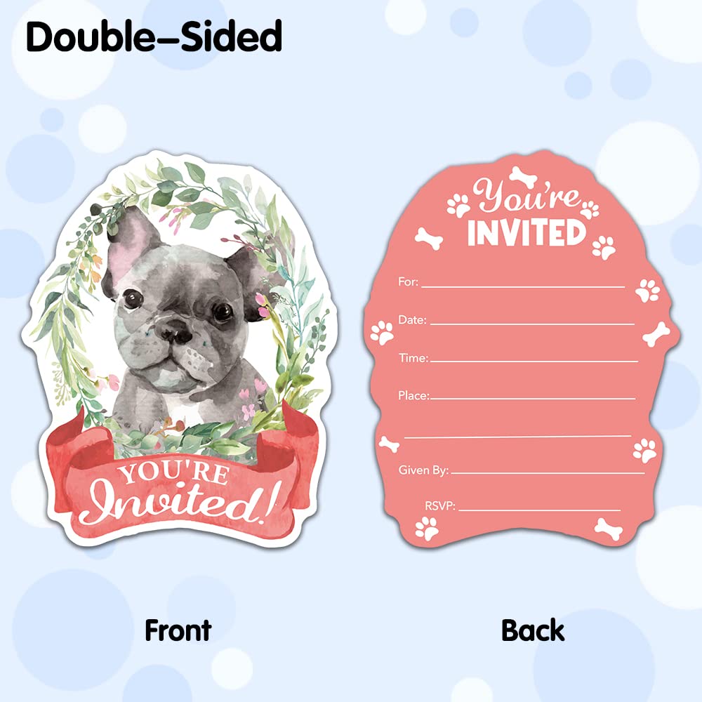 RZHV 15 Pack French Bulldog & Floral Shaped Fill-In Invitations Cards With Envelopes for Boys Girls Adults Dog Lover, Funny Baby Shower Birthday Bridal Shower, Wedding Party Invite