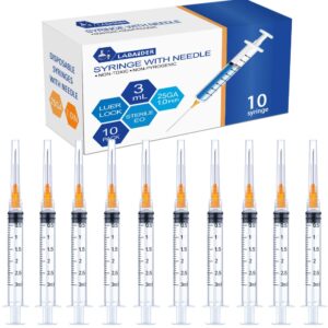 10 pack 3ml syringes with needle - 25g, 1.0 inch needle luer lock syringe individually packaged