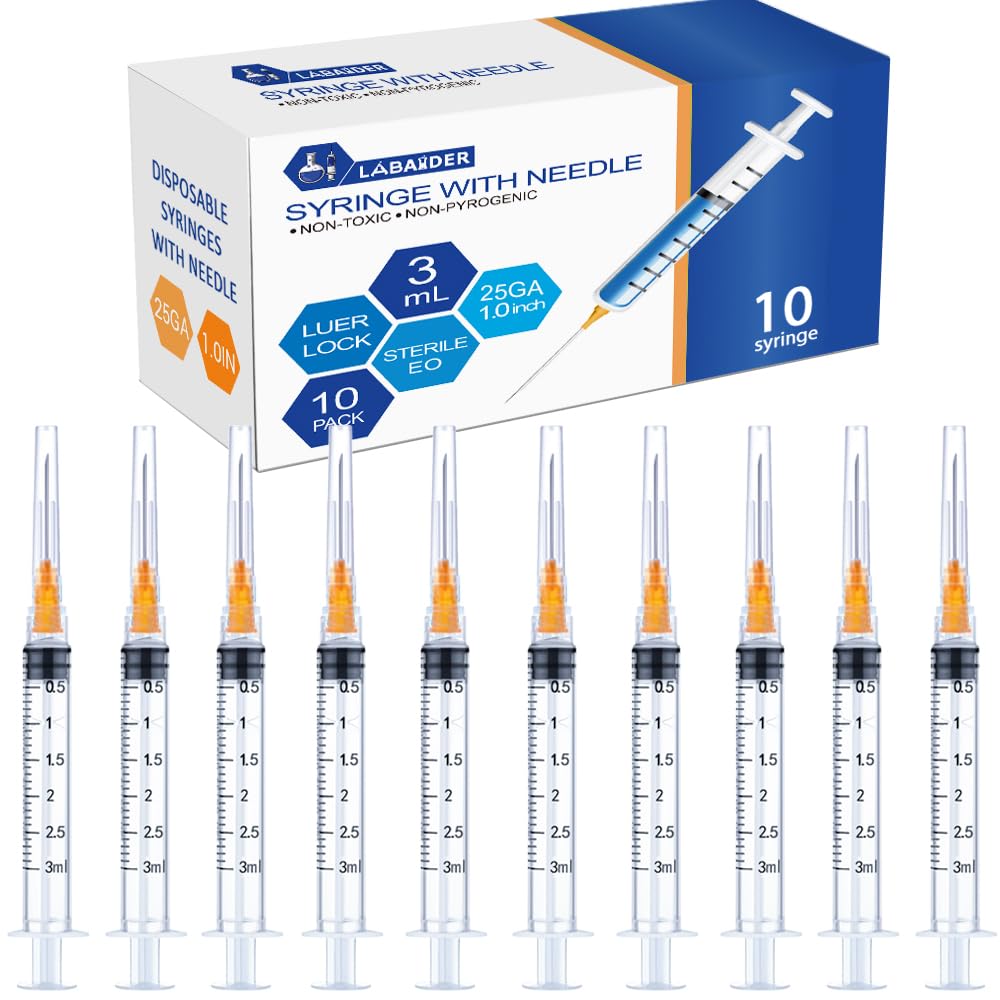 10 Pack 3ml Syringes with Needle - 25G, 1.0 inch Needle Luer Lock Syringe Individually Packaged