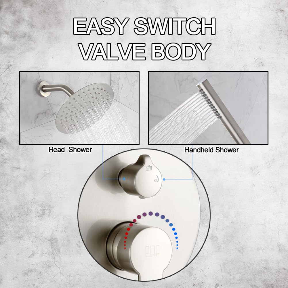 POP SANITARYWARE Shower System Brushed Nickel Bathroom Rainfall Shower Faucet Set Complete Wall Mounted 8 Inch Shower Head and Handle Set with Rough-in Valve Body and Trim Kit