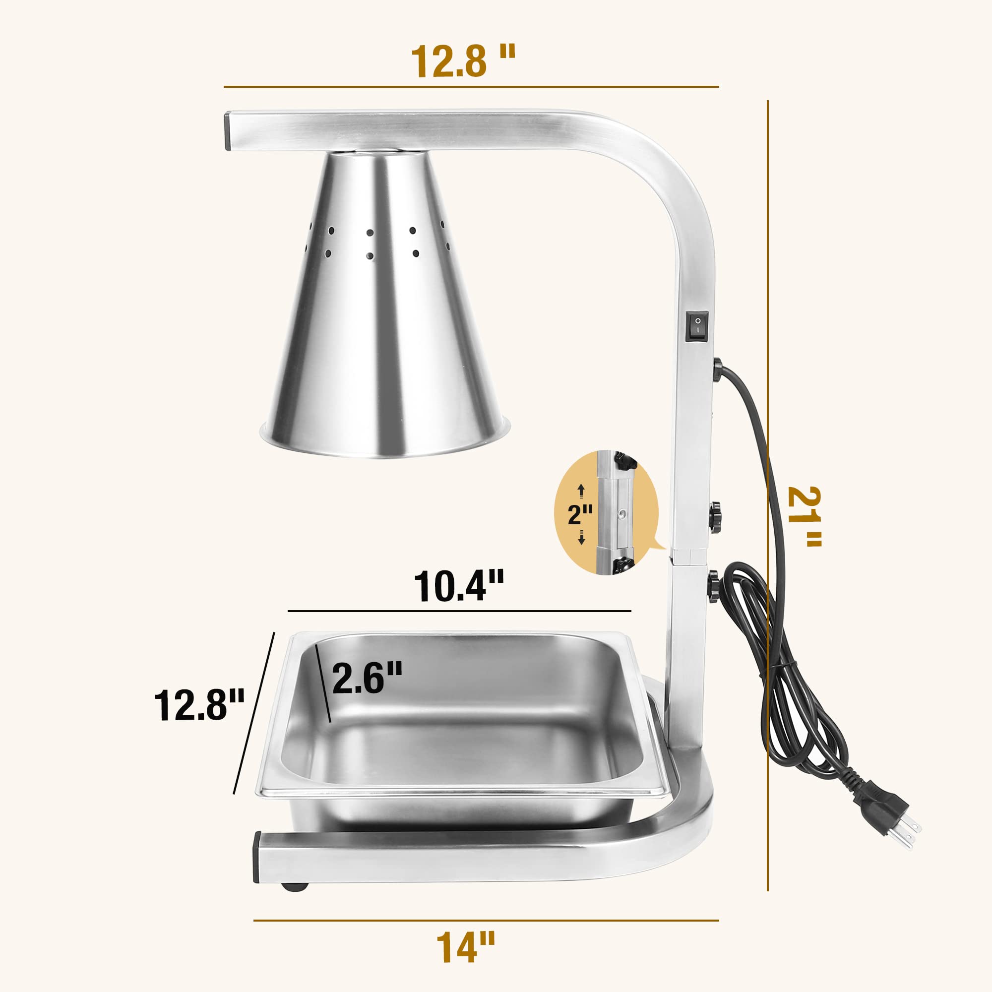 Restlrious Food Heat Lamp Freestanding Commercial Portable Food Warmer with 1 Full-Size Food Pan, Stainless Steel 120V Electric Food Heat Lamp Applicable to 250W Light Bulb, Fan-Shaped Lampshade