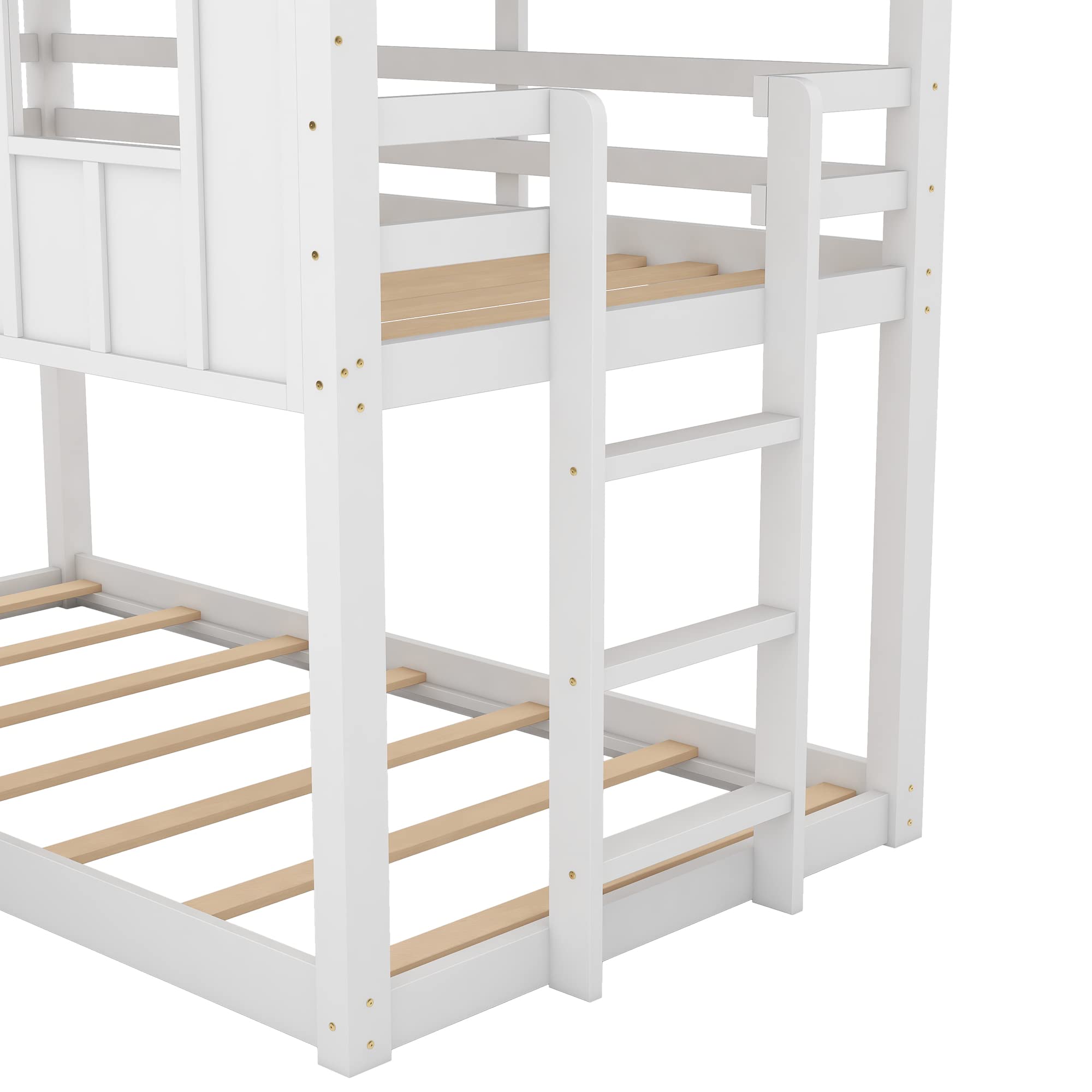 MERITLINE Twin Over Twin Bunk Beds with Slide, House Bunk Bed for Kids with Roof and Windows,Wood Floor Bunk Beds with Guard Rails, Toddlers Bunk Beds for Girls Boys (White)