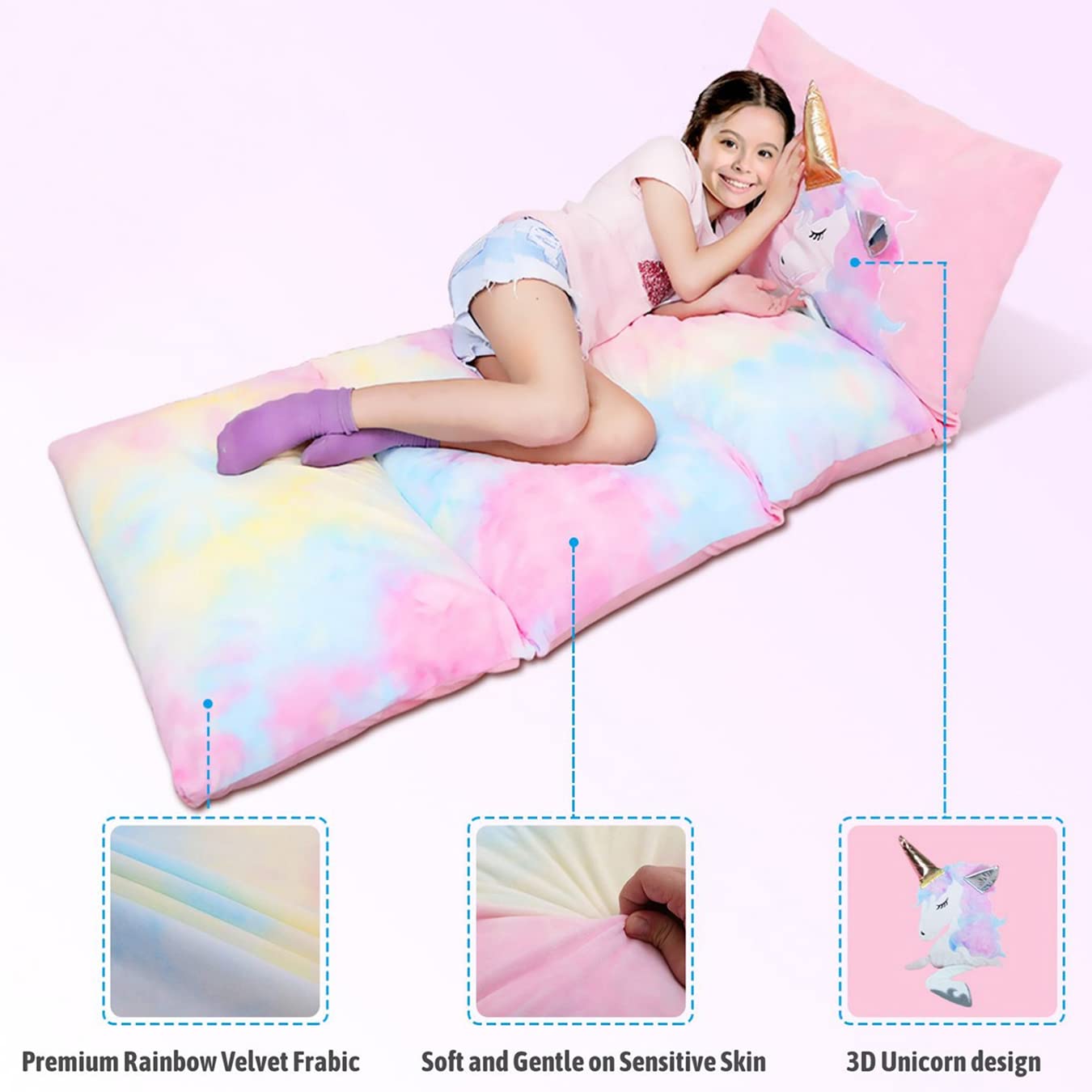 Yoweenton Unicorn Pillow Bed Floor Lounger for Kids Room Decor, Playroom Furniture, Velvet Extra Soft Queen Size Cover ONLY