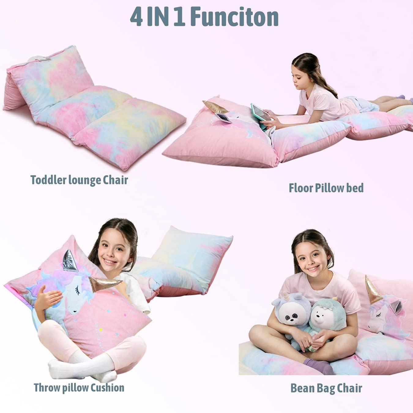 Yoweenton Unicorn Pillow Bed Floor Lounger for Kids Room Decor, Playroom Furniture, Velvet Extra Soft Queen Size Cover ONLY