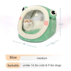 Jiupety Cute Cat Bed, Indoor Lovely Crystal Velvet Igloo for Cat and Small Dog, Warm Cave Sleeping Nest Bed for Puppy and Kitten, Green Frog, M.