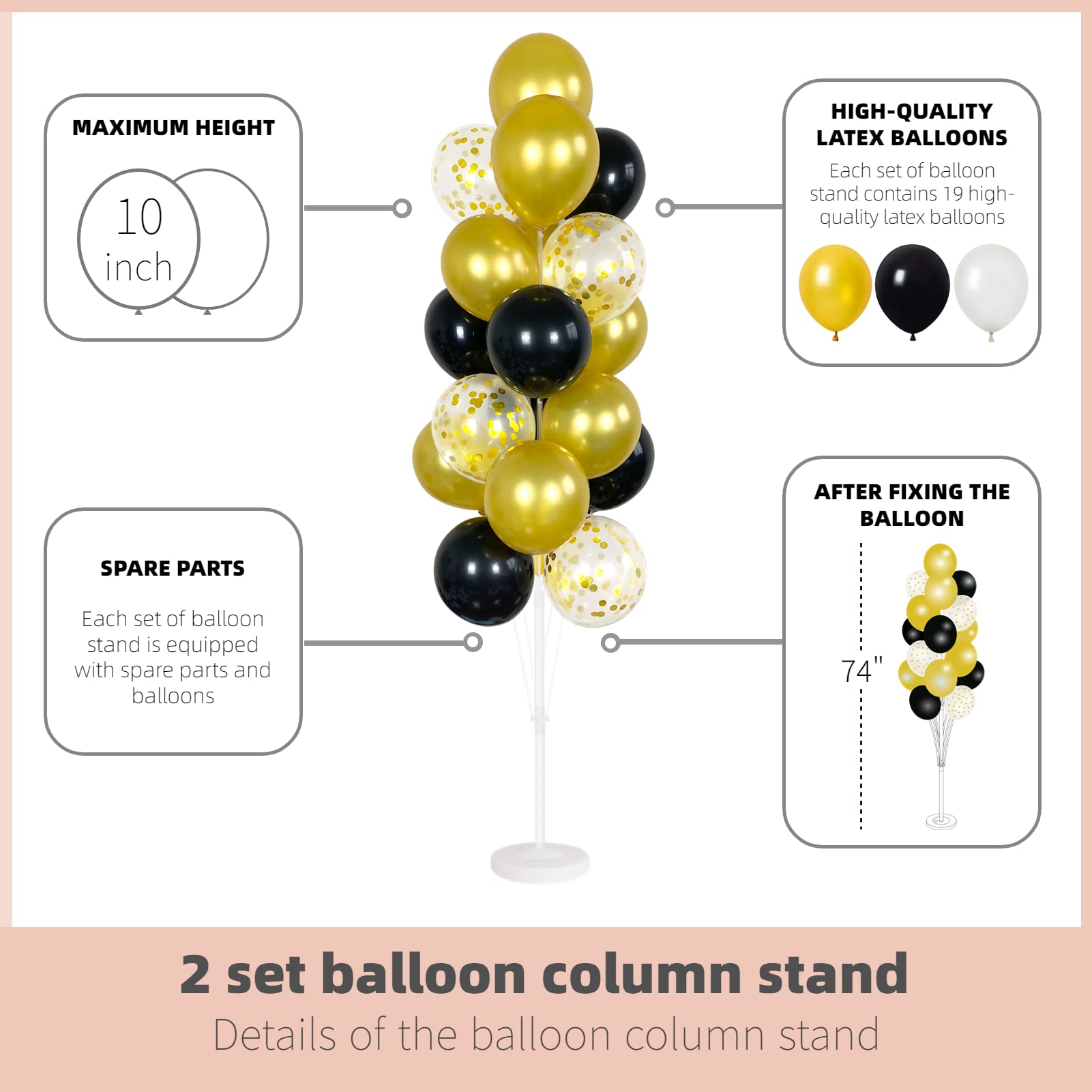 Balloon Column Kit Set of 2 With Confetti Balloons Included - with Base, and Pole,Balloon Tower Backdrop Decoration for Wedding, Baby Shower, Birthday Party, or Bachelorette Parties (Black Gold)