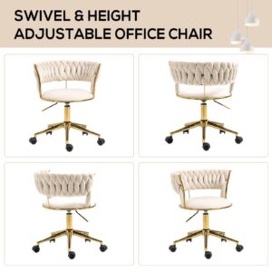 NIOIIKIT Velvet Office Desk Chair with Hand Woven Backrest, 360° Swivel & Height Adjustable Task Chairs, Makeup Chair, Living Room Chairs with Stainless Base and 5 Wheels (Ivory)