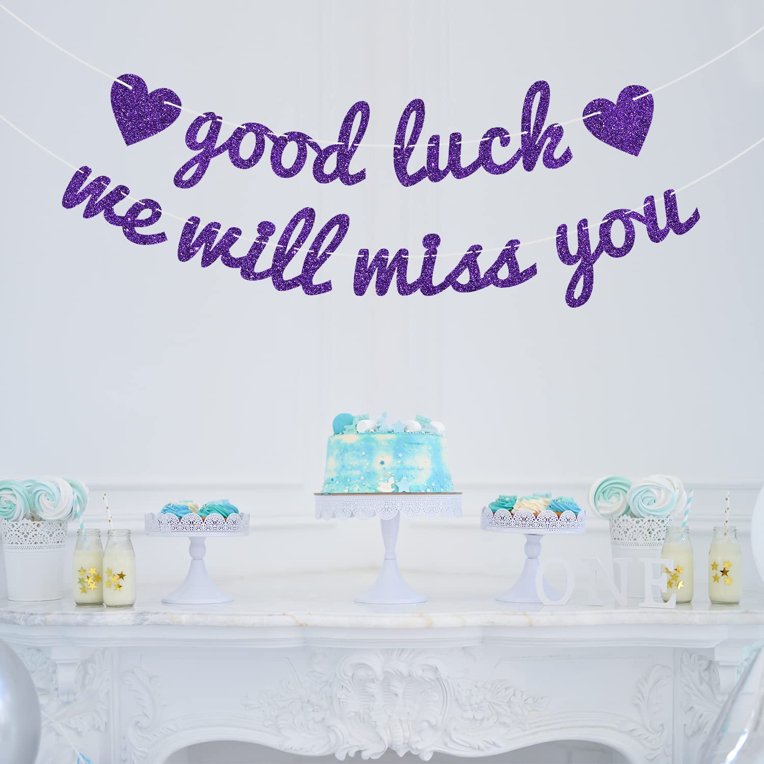 Purple Glitter Good Luck We Will Miss You Banner, Farewell Party Decorations, Graduation/Going Away/Retirement Party Decorations Supplies